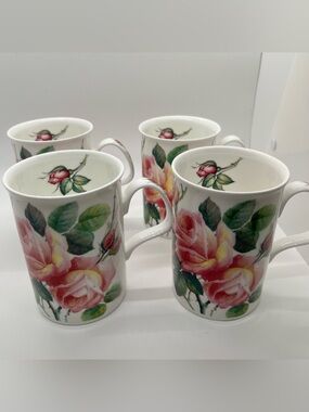 💐Set/4 Roy Kirkham Floral English Rose Bone China Coffee Tea Mug Set Shabby Chic